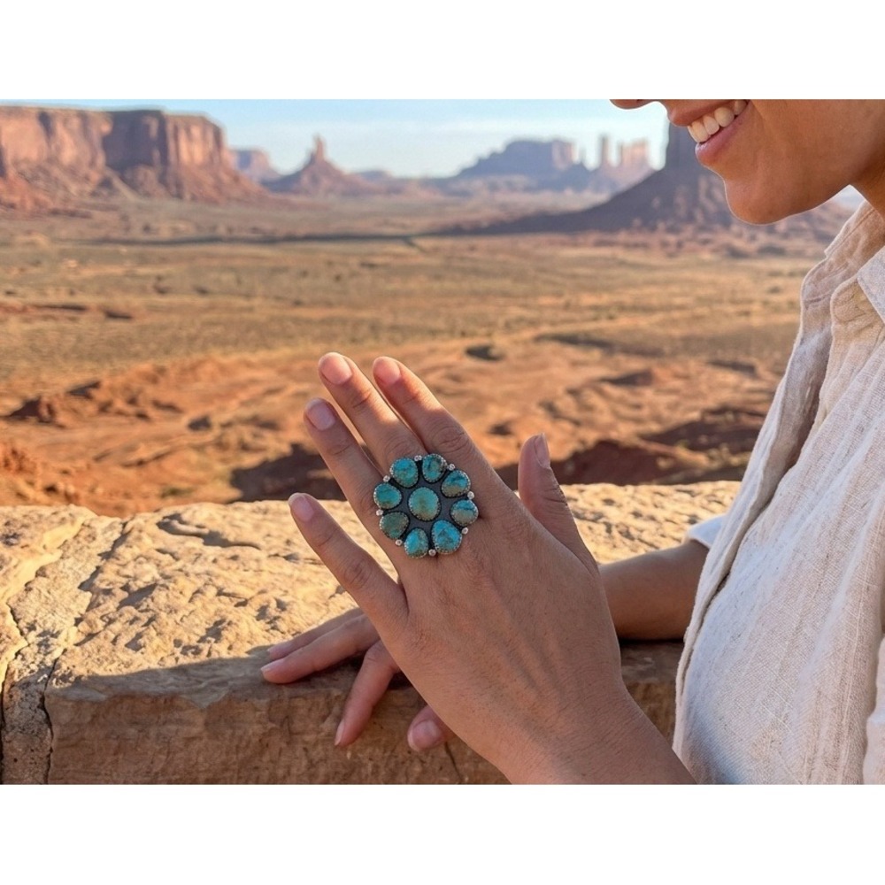 Navajo Turquoise Cluster Ring - Signed JB Sz 6.5US Handmade Native American** - Picture 6 of 7